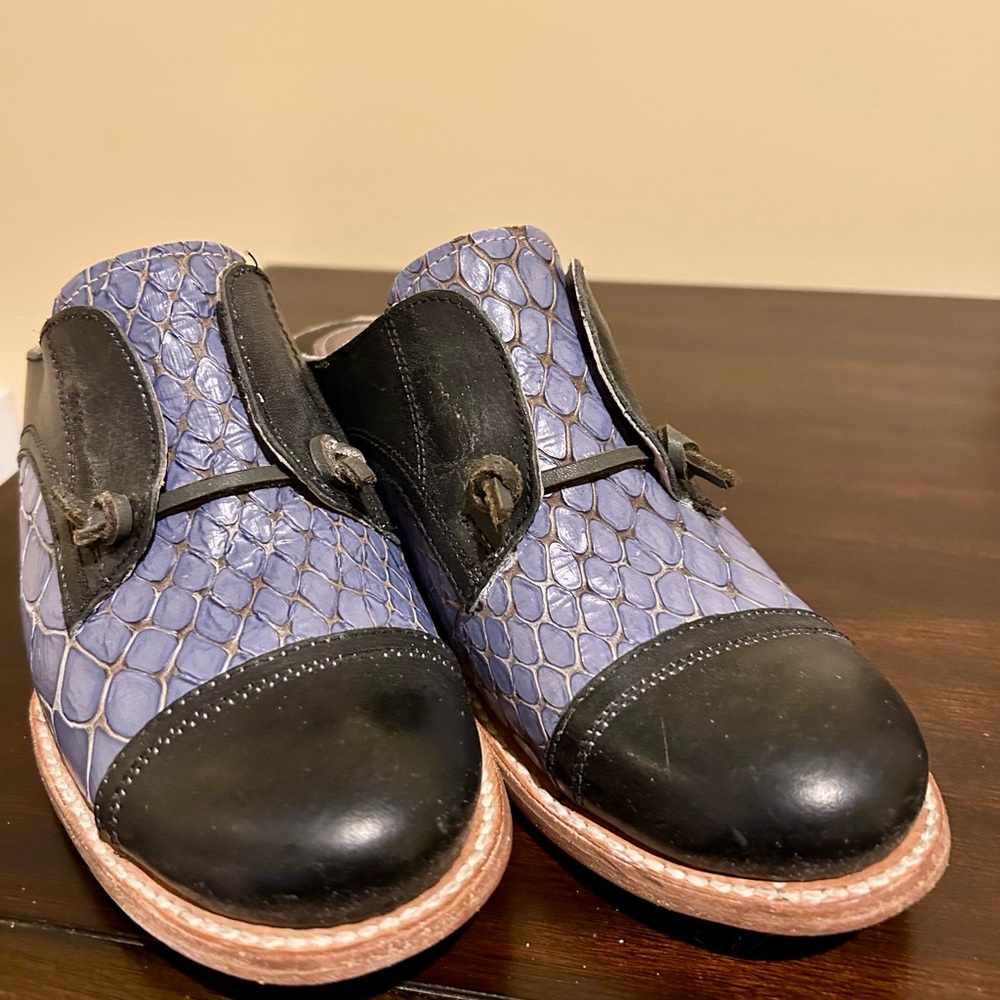 Freebird Navy and Blue Mules with Leather Accents